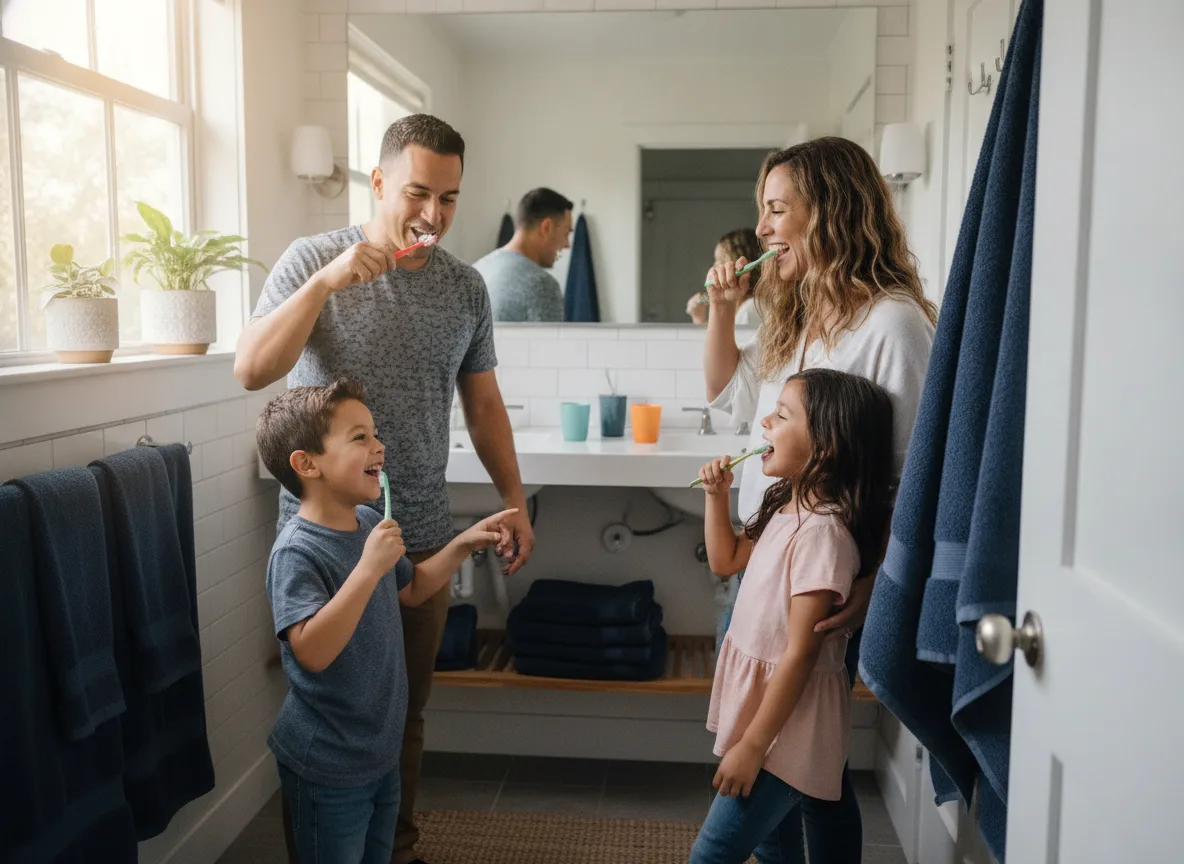 Family brushing their teeth together in a bright bathroom