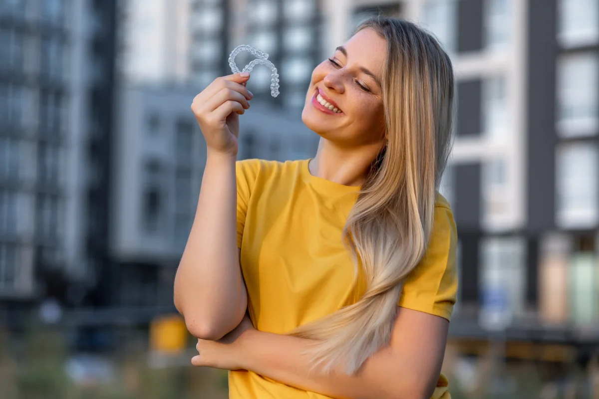 Smiling woman holding clear aligners outdoors